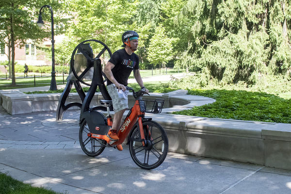 Cyclist riding an electric assist bike
